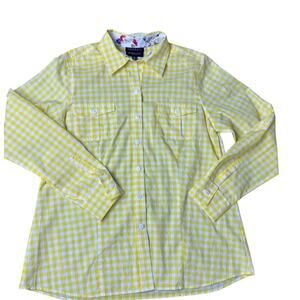 Foxcroft Wrinkle Free Button Up Shirt Sz 14 Yellow Gingham Floral Trim Cotton